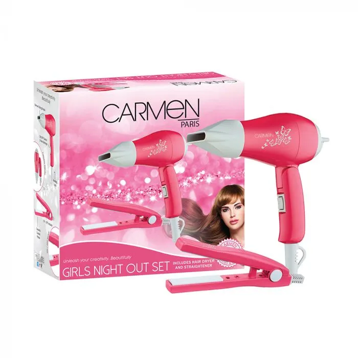 Front of Carmen Girls Night Out Set box with pink hair dryer and straightener