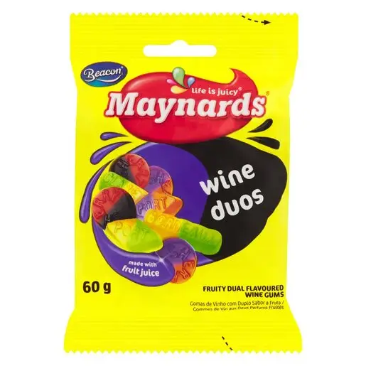 Front of Maynards Wine Duos Fruity Dual Flavoured Wine Gums 60 g packet