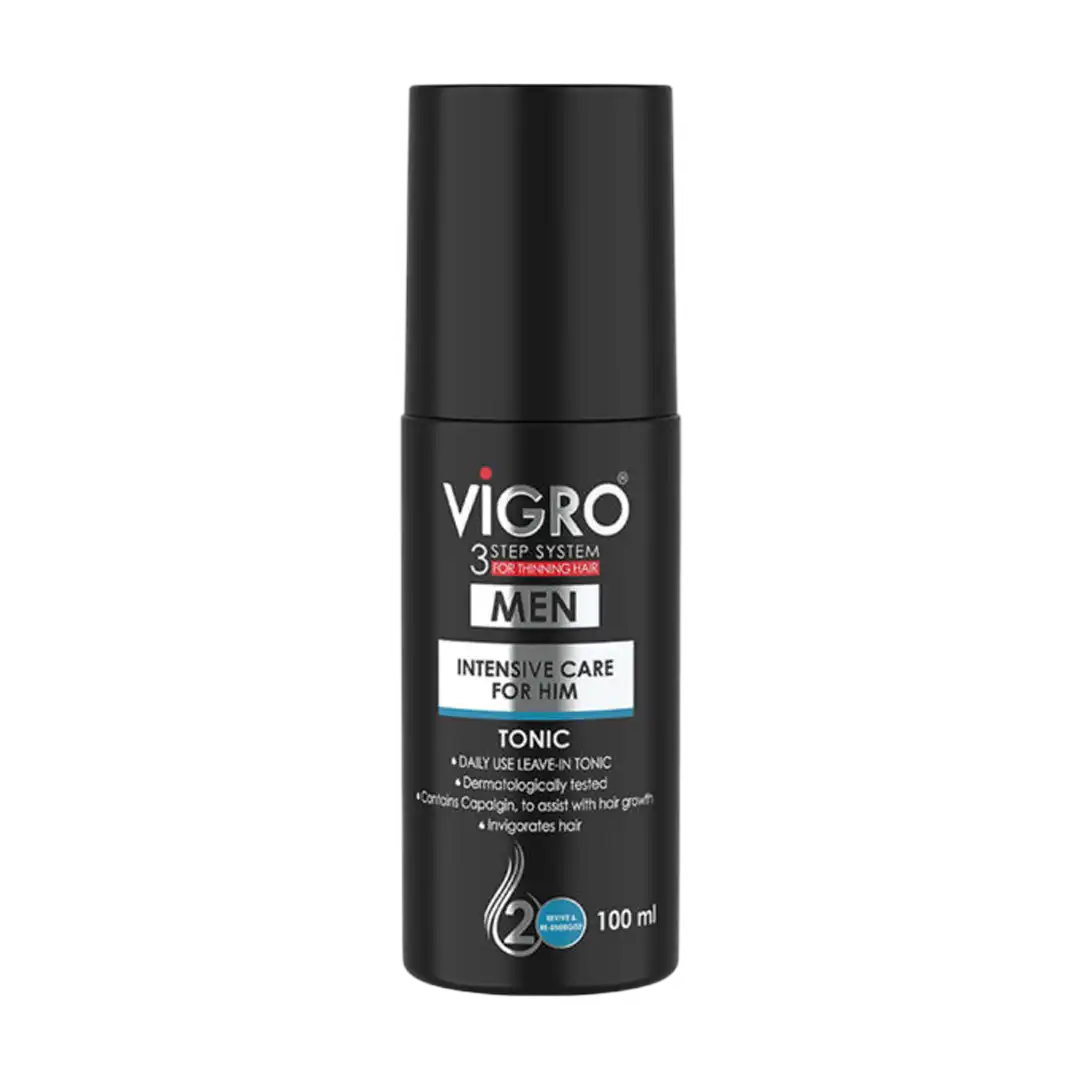 Front of Vigro Men Intensive Care Hair Tonic 100 ml bottle on white background
