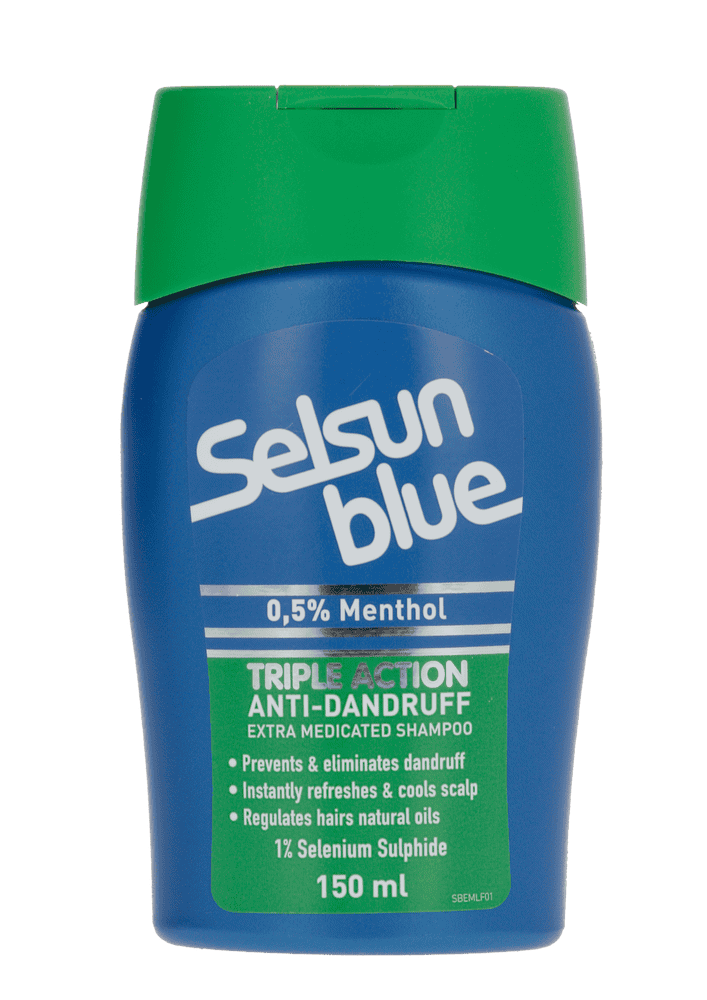Front of Selsun Blue Triple Action Anti-Dandruff Extra Medicated Shampoo 150 ml bottle