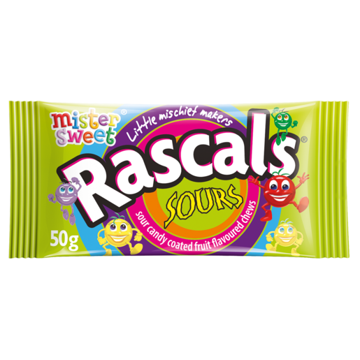Front of Mister Sweet Rascals Sours 50 g sour candy coated fruit chews pack