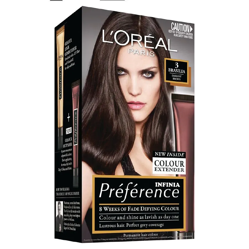 Front angled view of L'Oréal Préférence Infinia 3 Brasilia Darkest Brown hair colour box