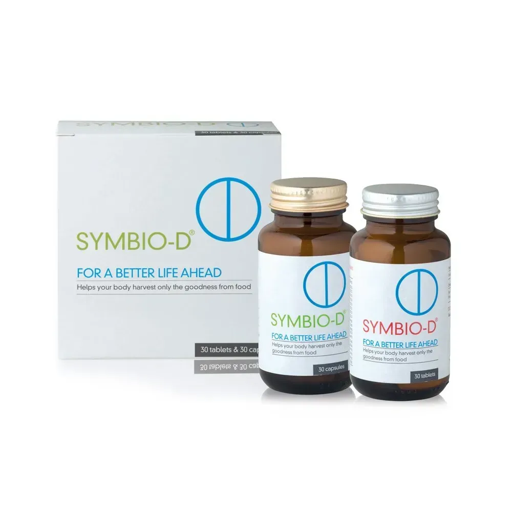 Symbio-D box with 30 capsules and 30 tablets bottles, 30's + 30's pack