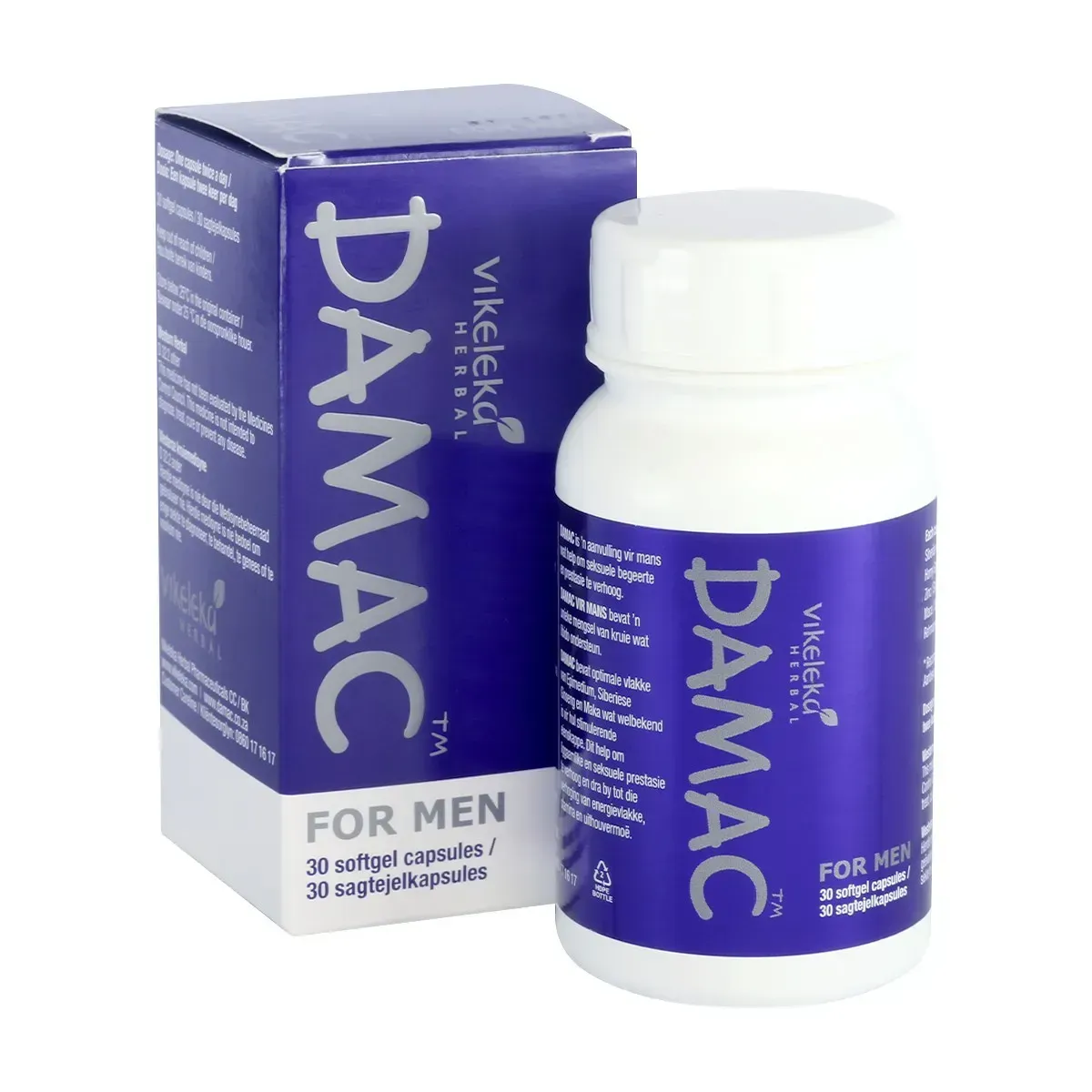 Box and bottle of Vikeleka Herbal DAMAC For Men 30 softgel capsules