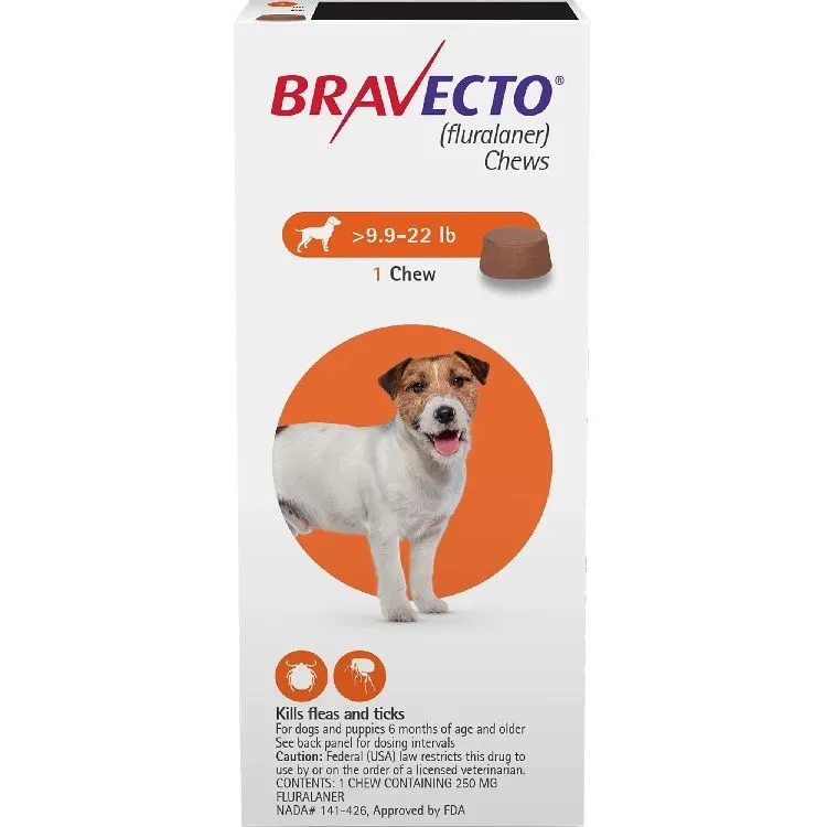 Front of Bravecto Chews for dogs 9.9-22 lb (4.5-10kg) 1 chewable tablet box, MSD
