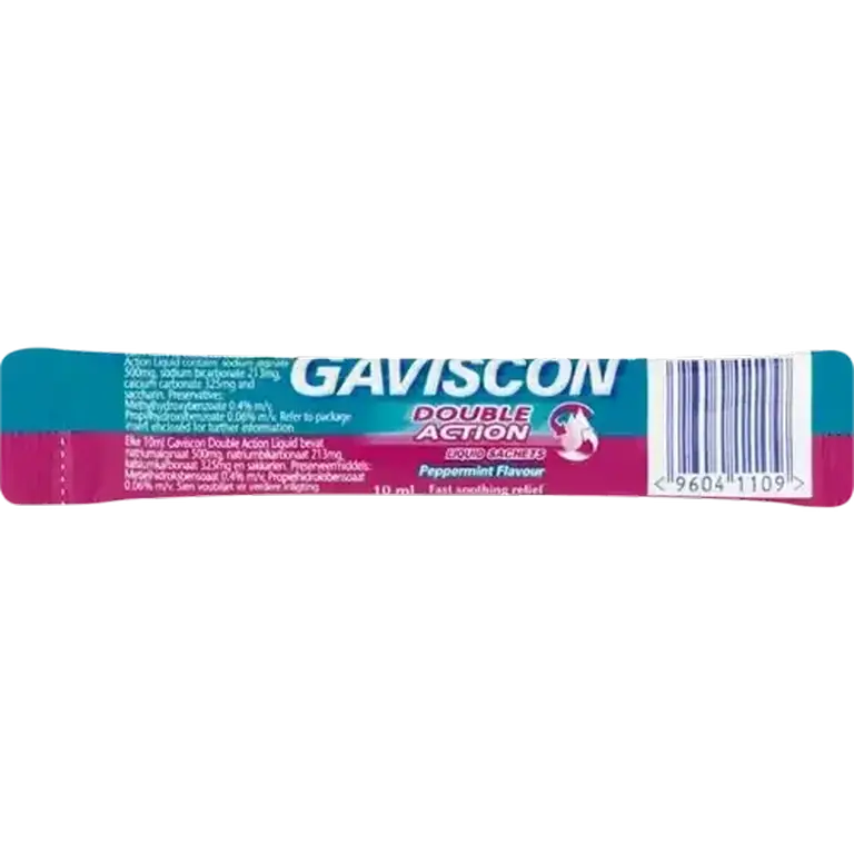 Front of Gaviscon Double Action Liquid Sachet Peppermint Flavour 10 ml on white background