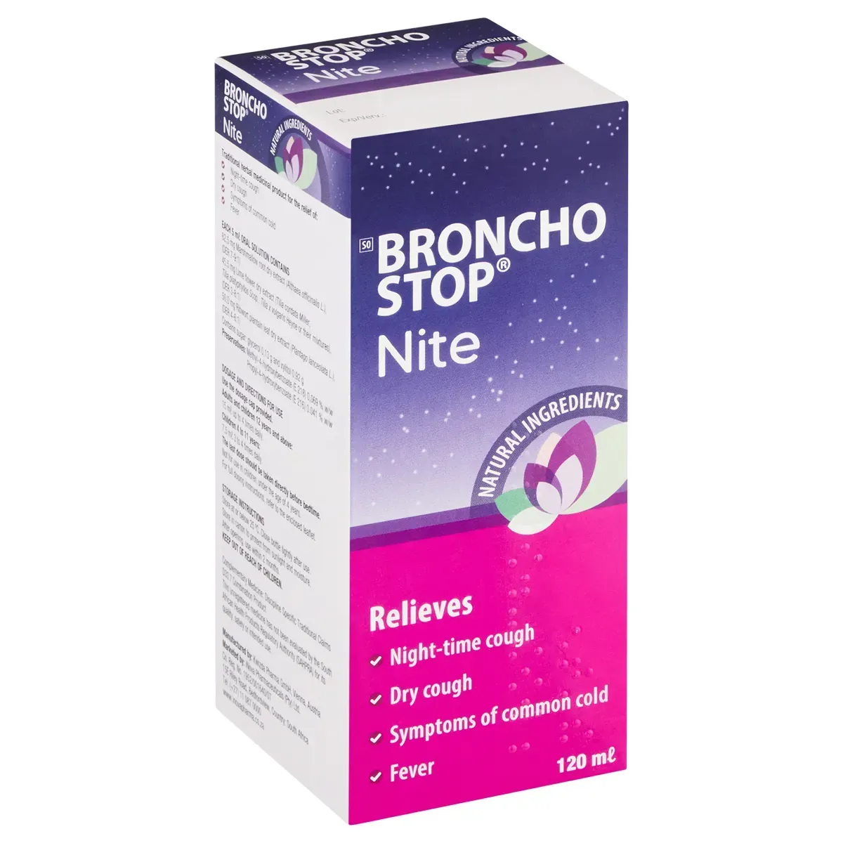 Front and side view of Bronchostop Nite cough syrup 120 ml box on white background
