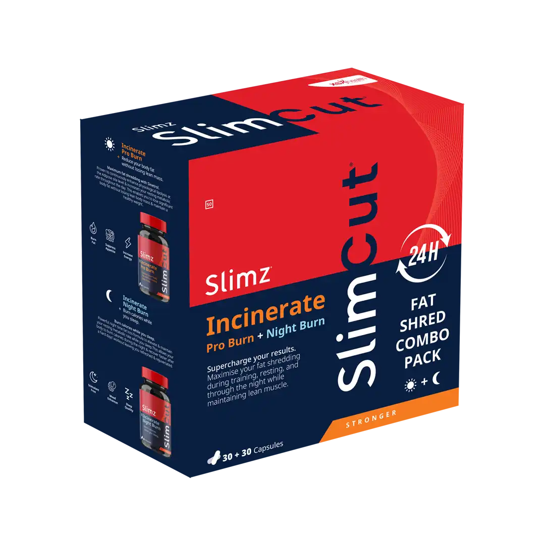 Angled view of Slimz SlimCut Incinerate Pro Burn + Night Burn 30+30 capsules combo pack box