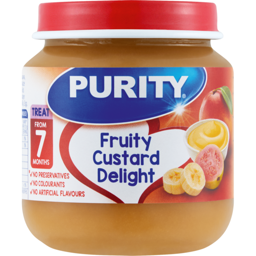 Front of Purity Fruity Custard Delight baby food jar 125 ml with red lid