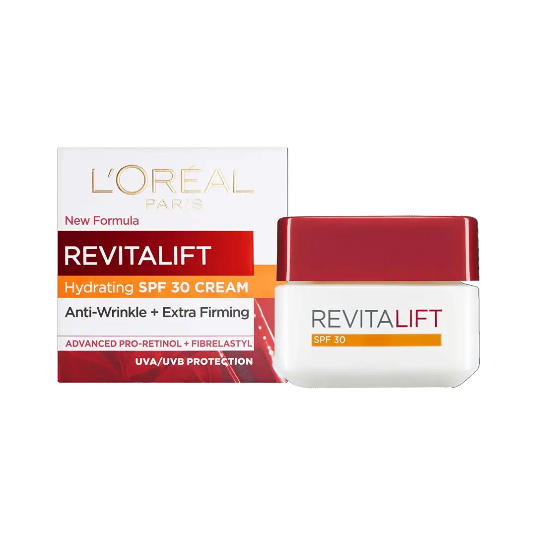 L'Oréal Paris Revitalift Hydrating SPF 30 Day Cream box and jar, 50 ml