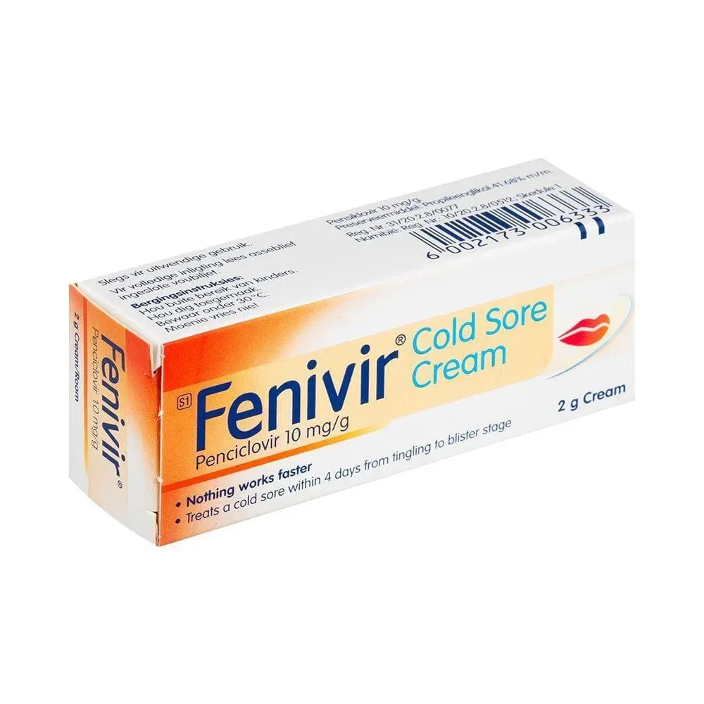 Angled front view of Austell Fenivir Cold Sore Cream 2 g box