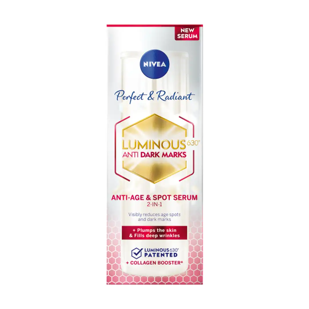 Front of Nivea Luminous 630 Anti Dark Marks Anti-Age & Spot Serum 2-in-1, 30ml carton