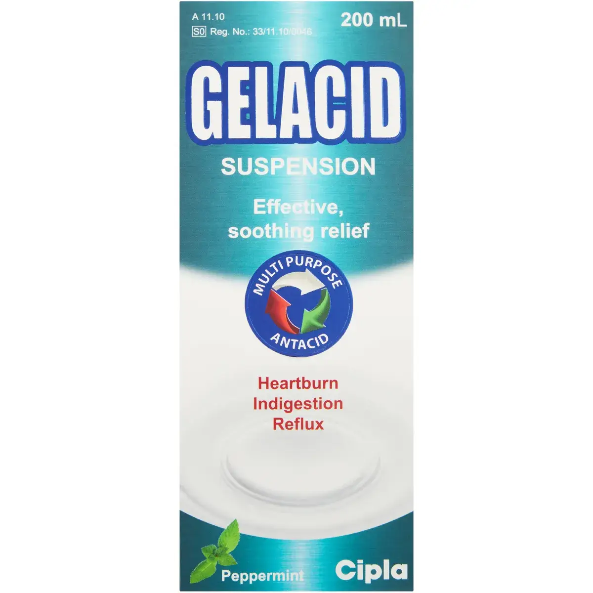 Front of Cipla Gelacid Suspension Peppermint 200 ml box on white background