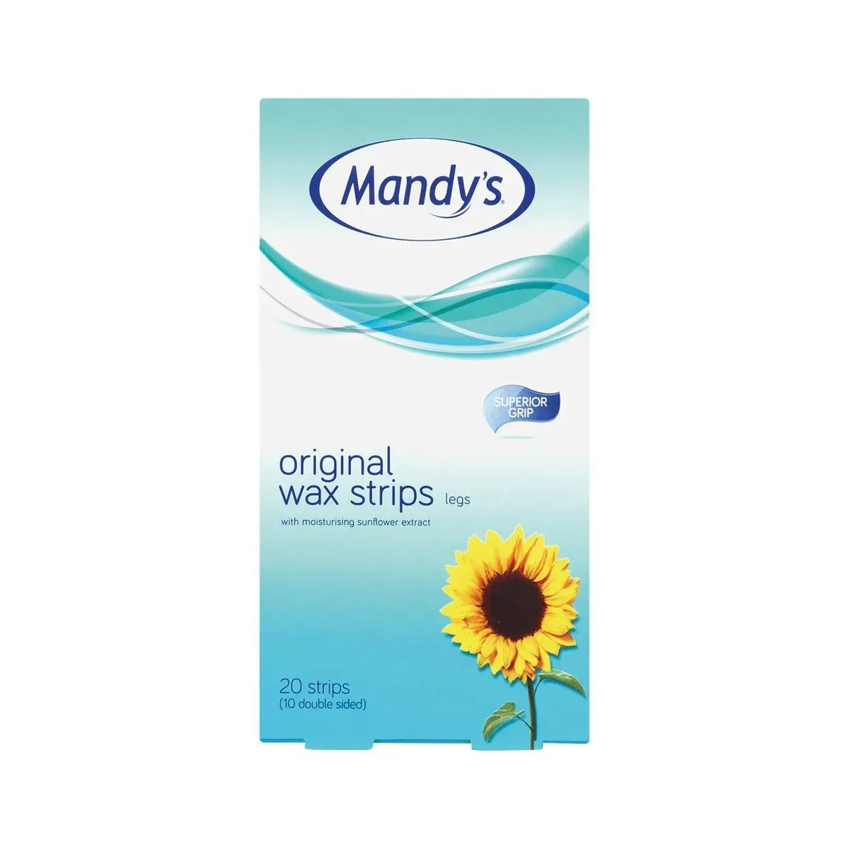 Front of Mandy's Original Wax Strips Legs 20 strips box on white background