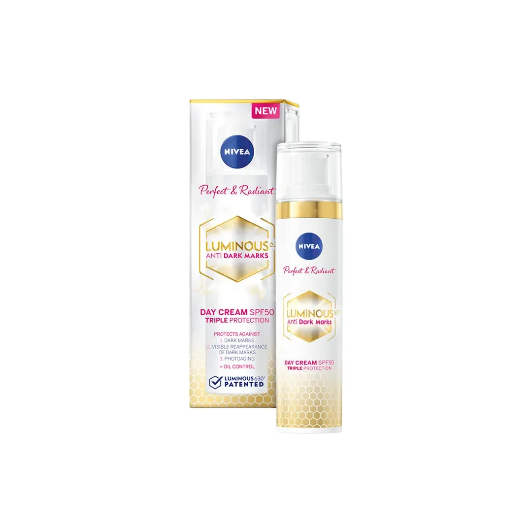 Nivea Luminous 630 Anti Dark Marks Day Cream SPF50 40 ml box and tube on white background