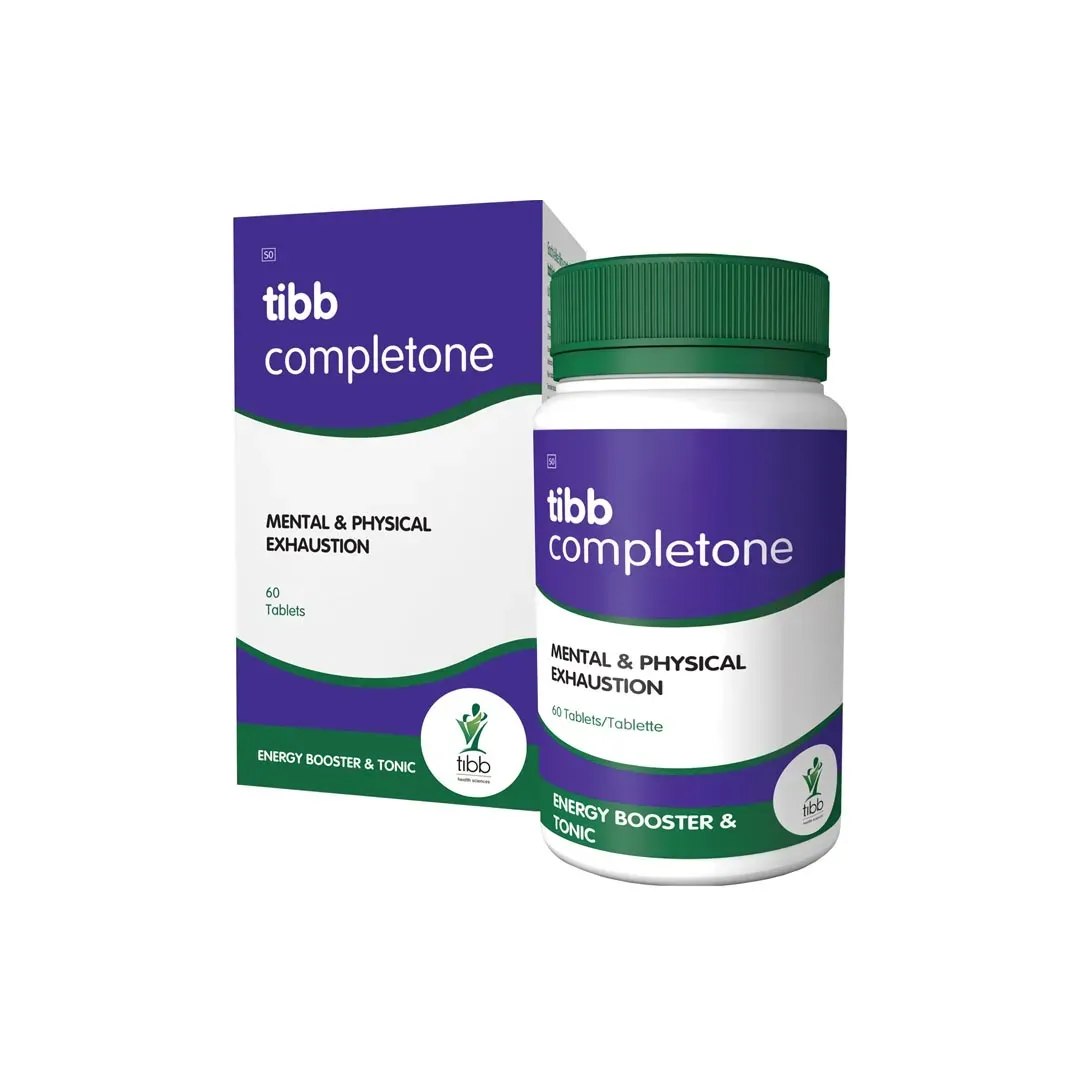 Front of TIBB Completone 60 tablets box and bottle
