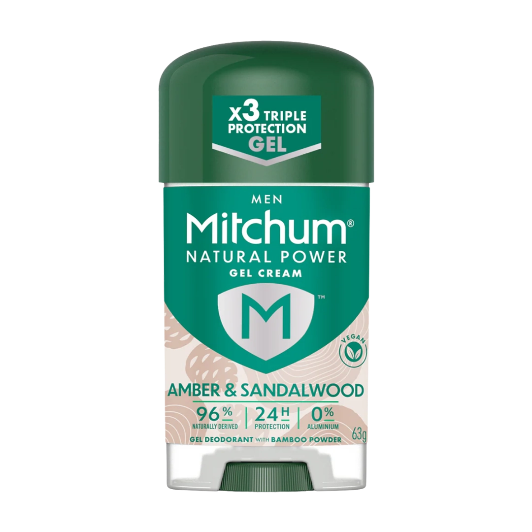 Front of Mitchum Men Natural Power Gel Cream Amber & Sandalwood deodorant stick, 63g