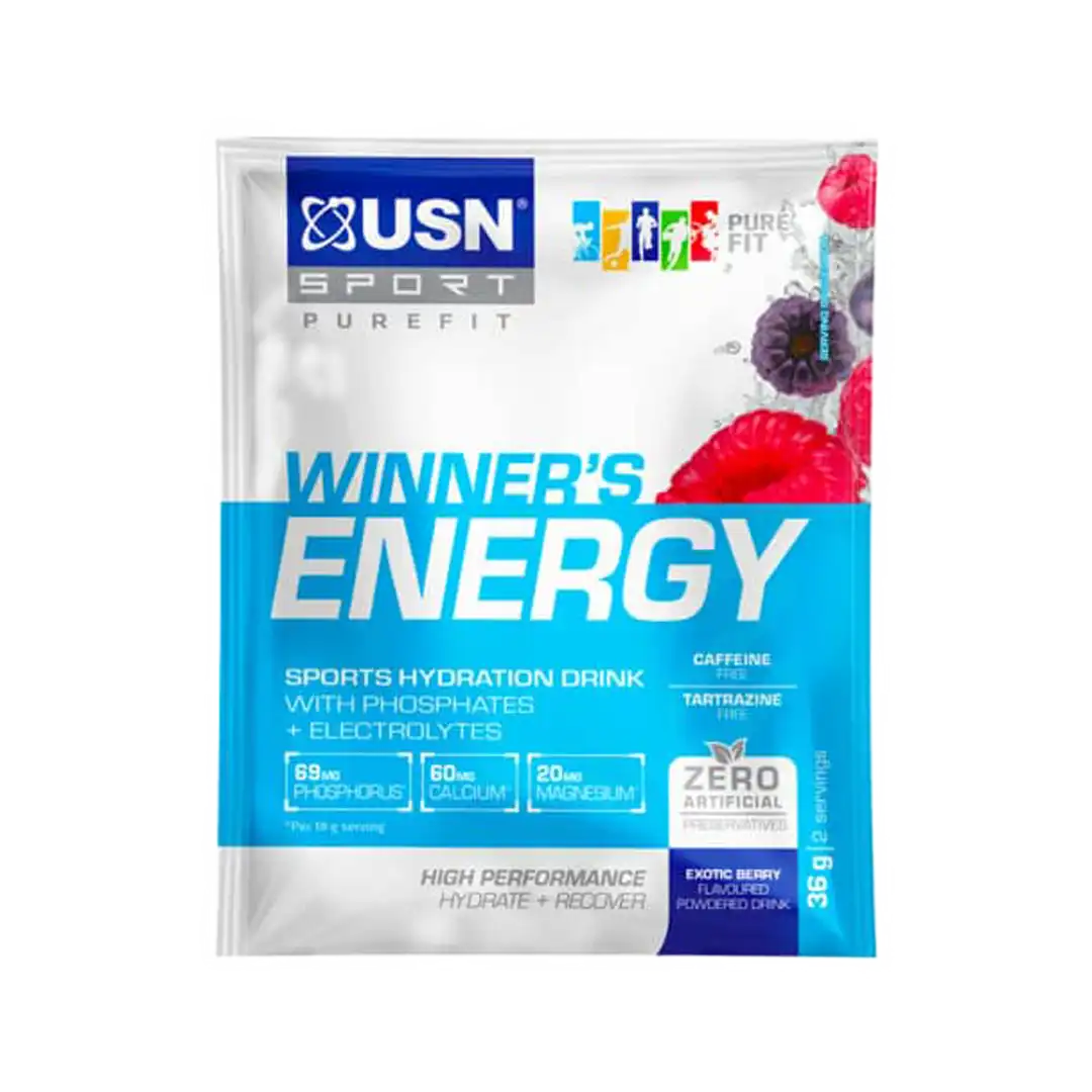 Front of USN Sport Winner's Energy Exotic Berry sachet 36 g
