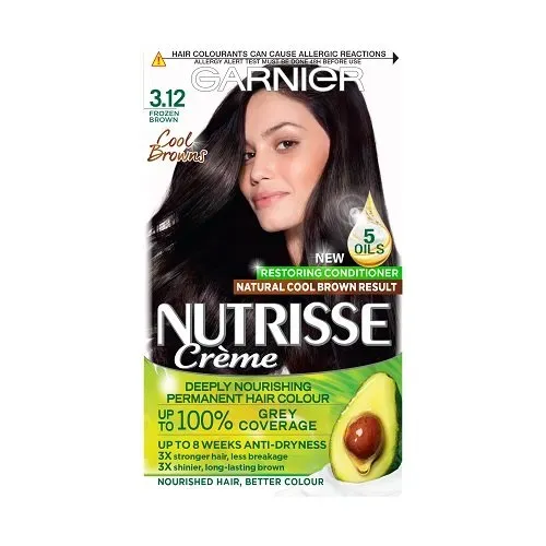 Front of Garnier Nutrisse Creme 3.12 Frozen Brown permanent hair colour kit