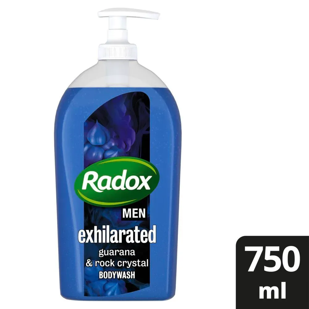Front of Radox Men Feel Exhilarated Guarana & Rock Crystal Body Wash 750 ml pump bottle