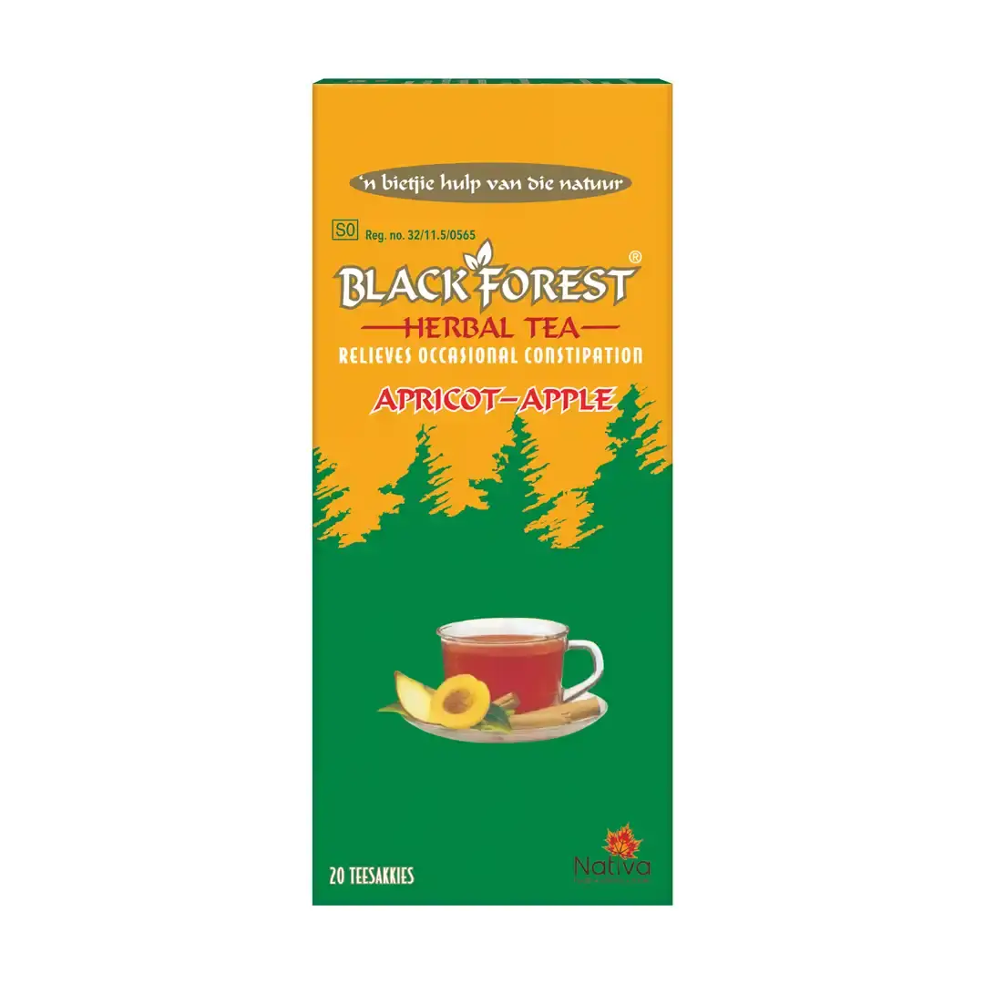 Front of Black Forest Apricot-Apple Herbal Tea box, 20 tea bags, white background