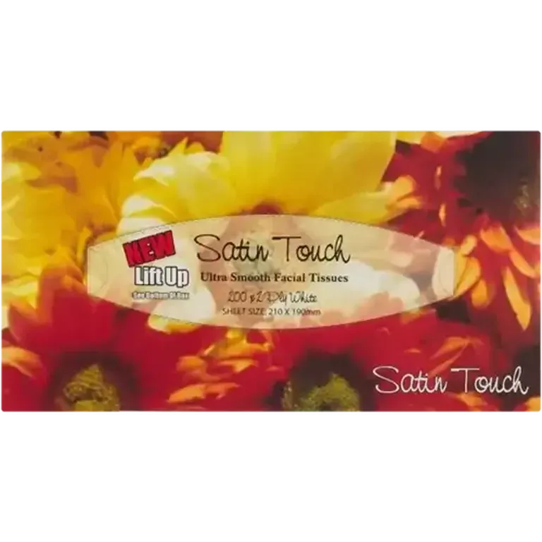 Front of Satin Touch Ultra Smooth Facial Tissues box, 200 tissues