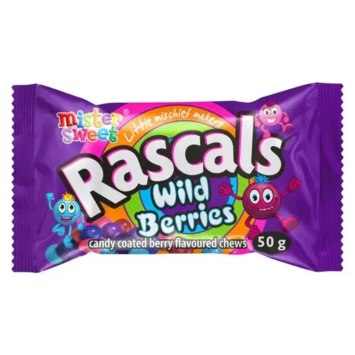 Front of Mister Sweet Rascals Wild Berries candy coated chews 50 g pack