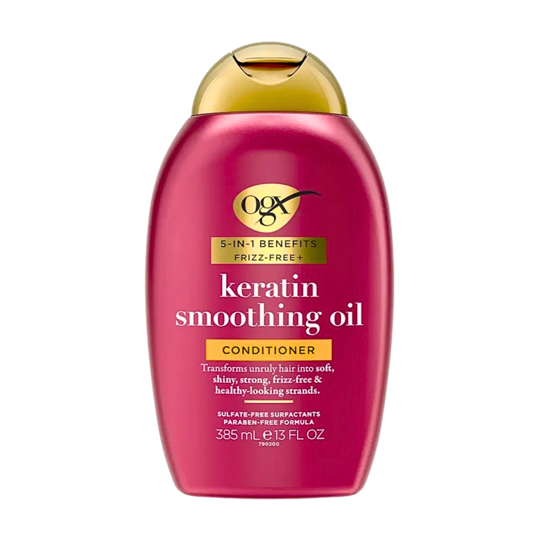 Front of OGX Keratin Smoothing Oil Conditioner, 385 ml bottle