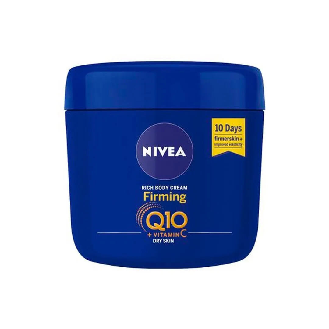 Front of NIVEA Q10+ Vitamin C Rich Firming Body Cream tub, 400ml