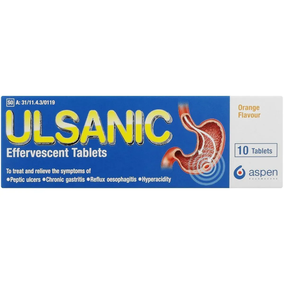 Front of Aspen Ulsanic Orange Effervescent Tablets 10's box