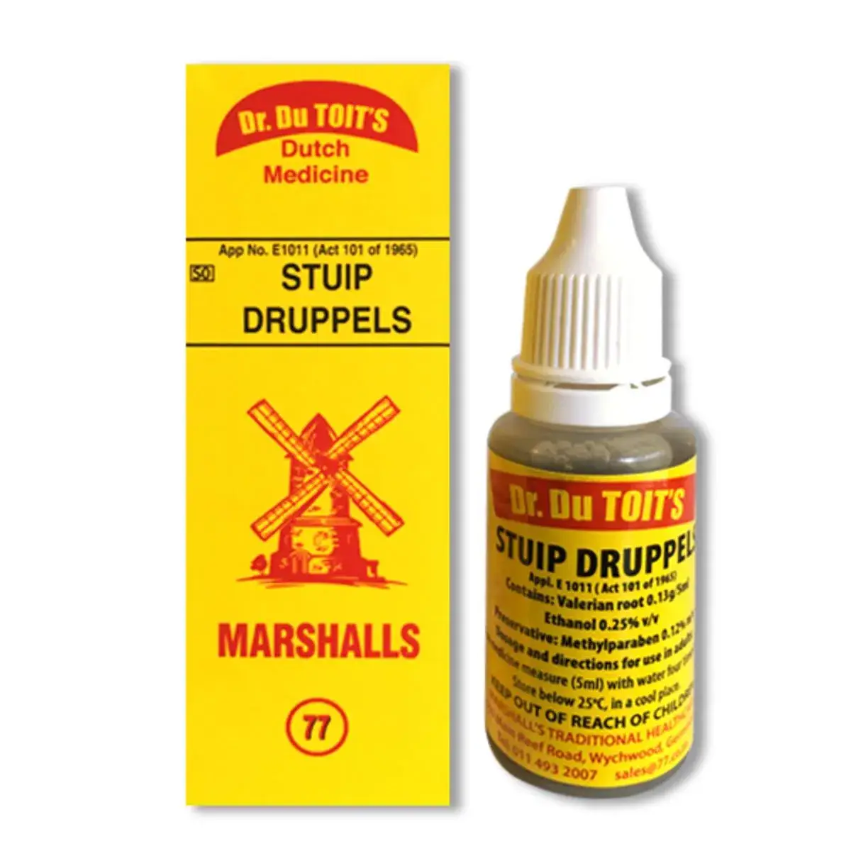Front of Dr Du Toit's Stuip Druppels by Marshalls Traditional Healthcare, 20 ml bottle with box
