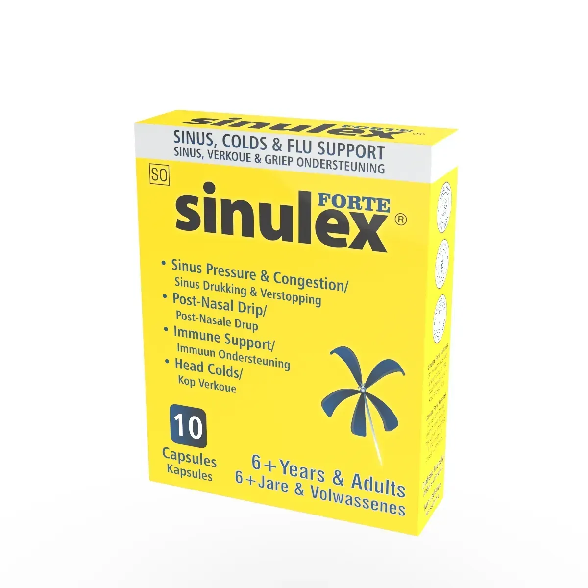 Angled view of Sinulex Forte Sinus, Colds & Flu Support 10 capsules box