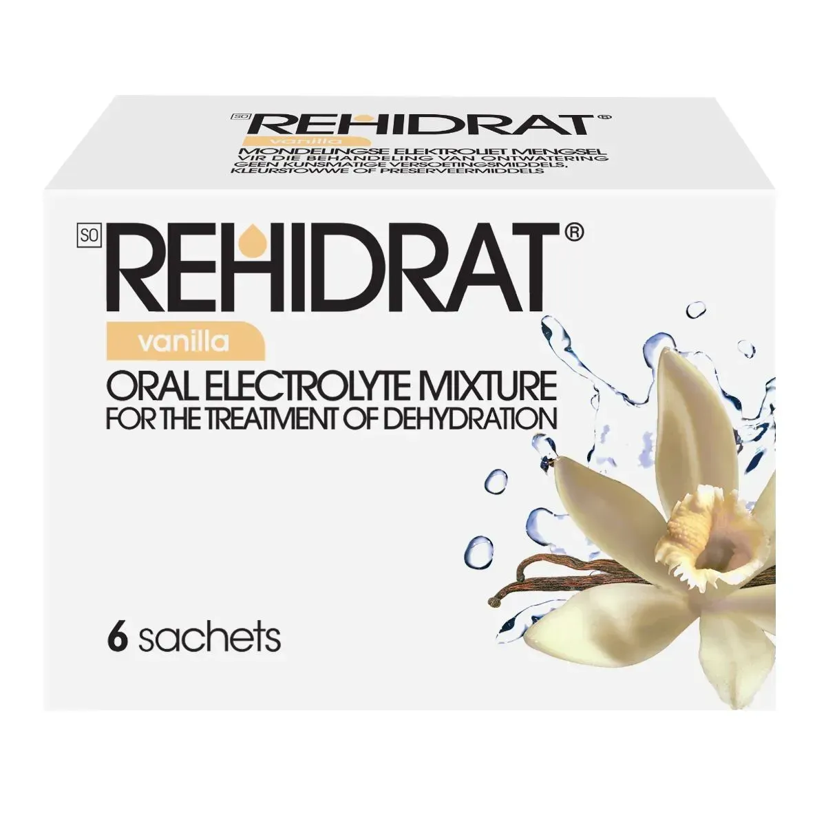 Front of Rehidrat Vanilla Oral Electrolyte Mixture 6 x 14 g sachets box