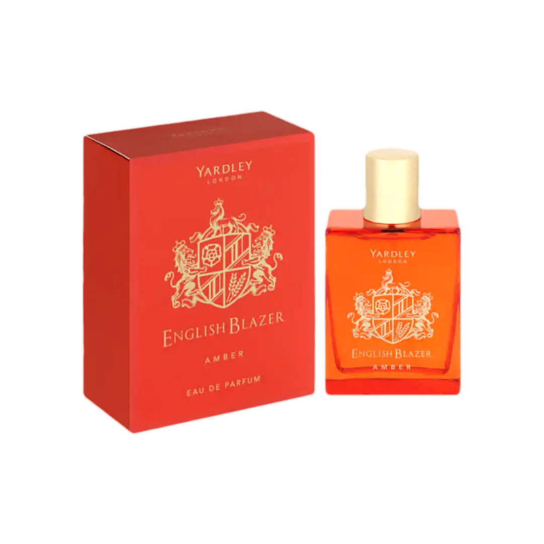 Front angled view of Yardley English Blazer Amber Eau de Parfum 100ml box and bottle