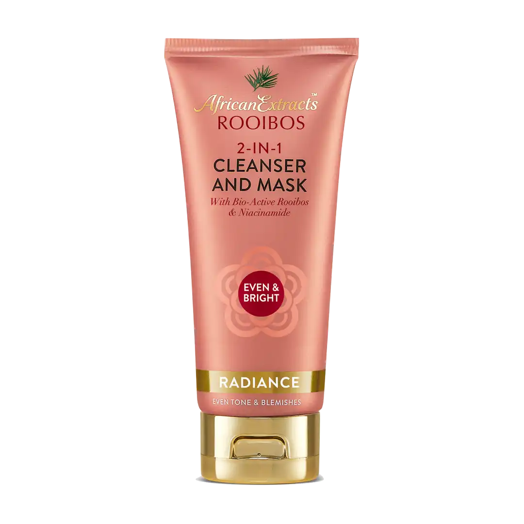 Front of African Extracts Rooibos 2-in-1 Cleanser and Mask Radiance 100 ml tube on white background