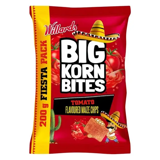 Front of Willards Big Korn Bites Tomato Flavoured Maize Chips 200g packet