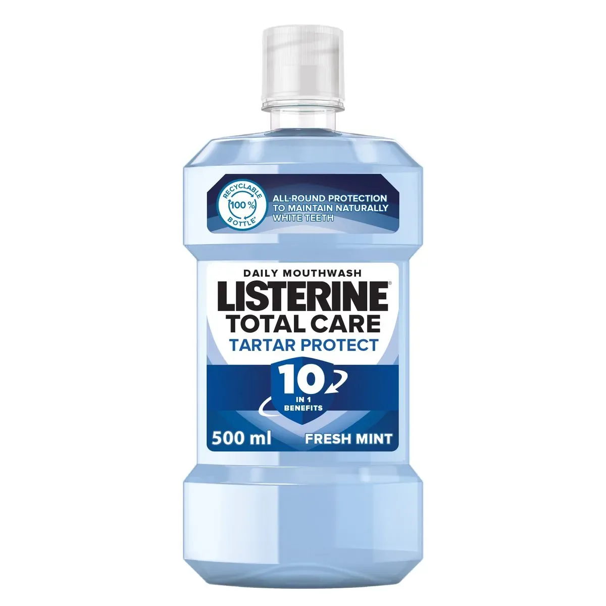 Front of Listerine Total Care Tartar Protect Fresh Mint mouthwash 500 ml bottle