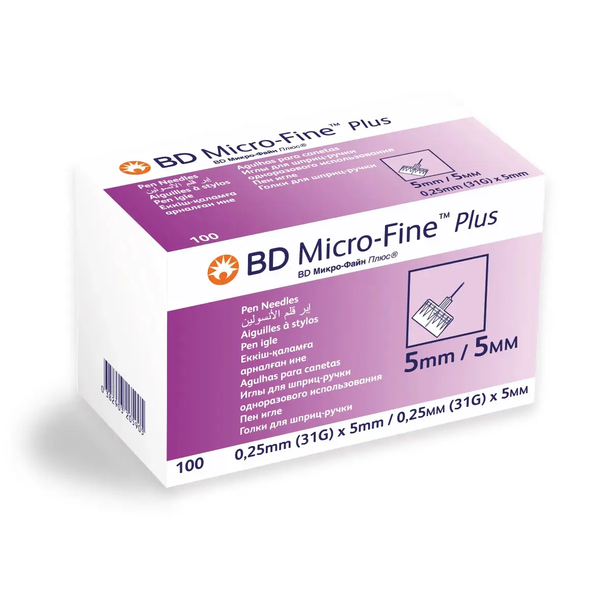 Angled view of BD Micro-Fine Plus 31G 5mm Pen Needles box of 100