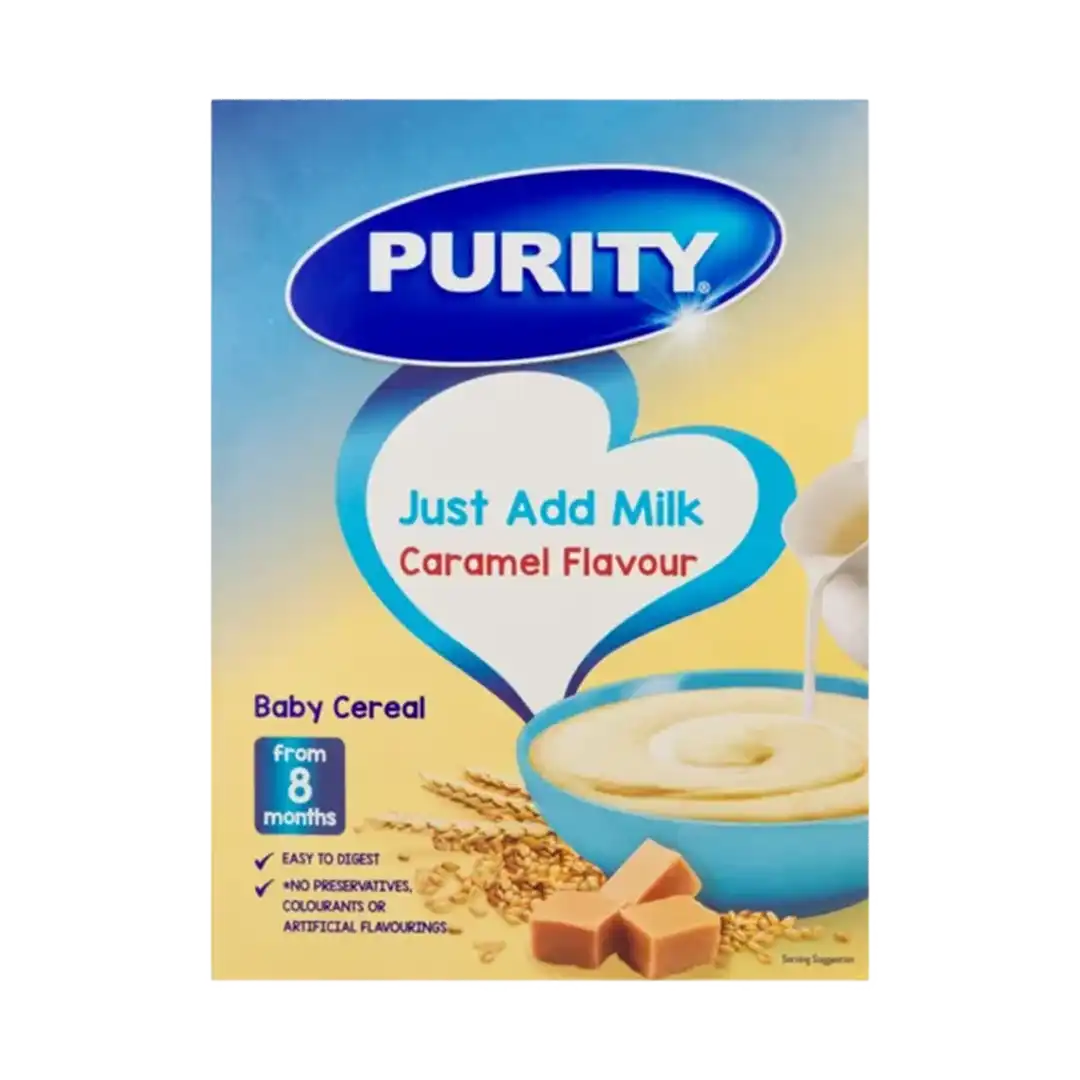 Front of Purity Baby Cereal Caramel Flavour 200g box
