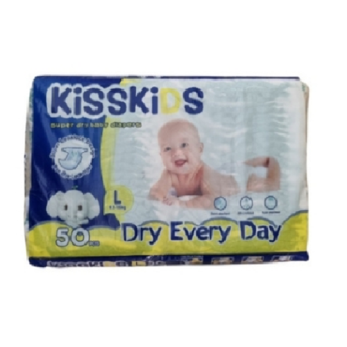 Front of Kiss Kids Baby Diapers Size L 50's pack