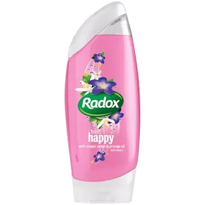 Front of Radox Feel Happy sweet violet & orange oil body wash 250 ml bottle