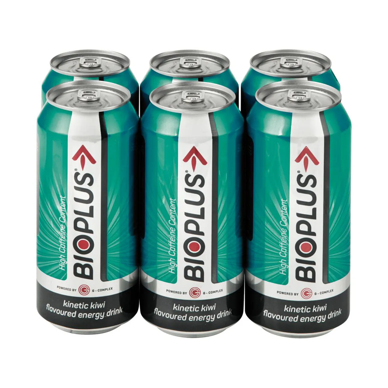 Front of Bioplus Kinetic Kiwi Energy Drink 440ml cans, 6 pack