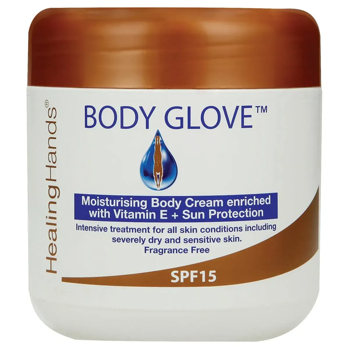 Front of Hands On Healthcare Healing Hands Body Glove Moisturising Body Cream SPF15 500 g jar
