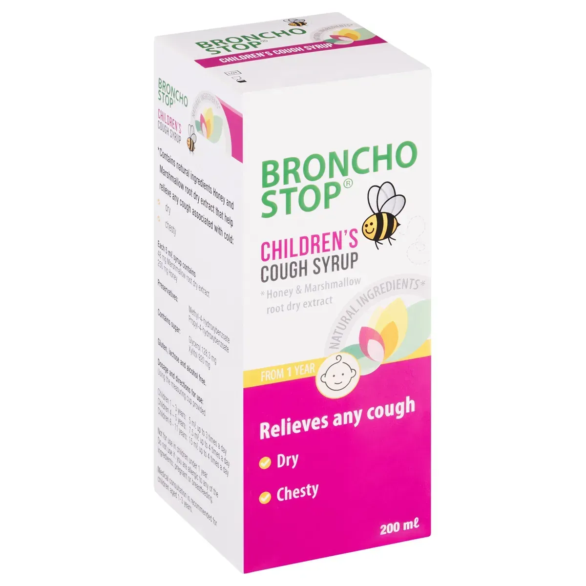 Angled front view of Broncho Stop Children's Cough Syrup 200 ml box on white background