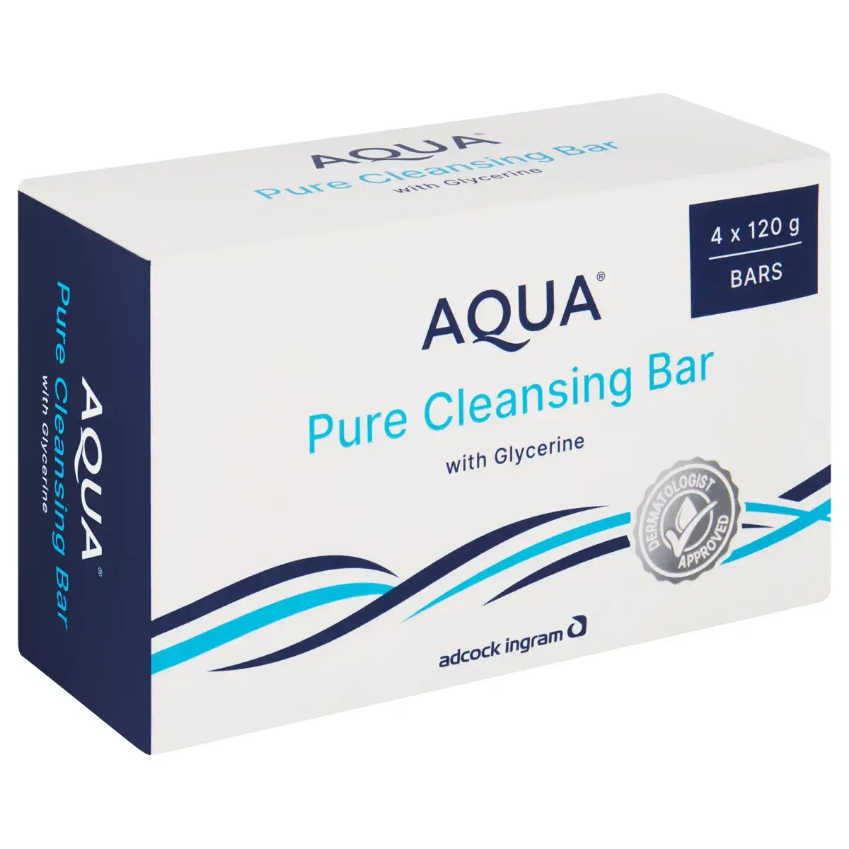 Angled view of Adcock Ingram Aqua Pure Cleansing Bar with Glycerine, 4 x 120 g box