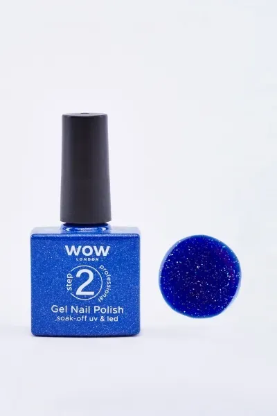 Front of WOW London Gel Nail Polish bottle with blue shade swatch, 7.3ml