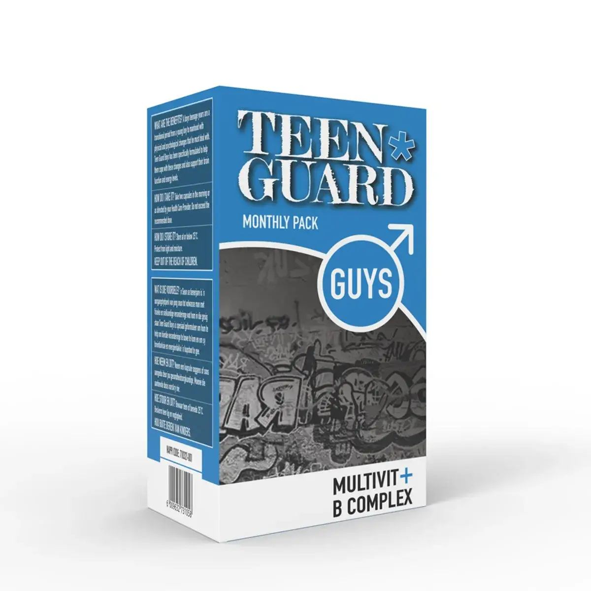 Angled view of Teen Guard Guys Monthly Pack Multivit+B Complex box, 60 tablets