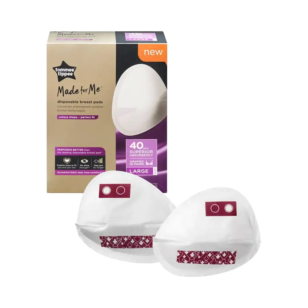 Front of Tommee Tippee Made for Me Disposable Breast Pads Large, 40 pads box with two pads shown