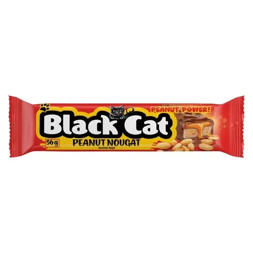 Front of Black Cat Peanut Nougat 56 g bar on white background