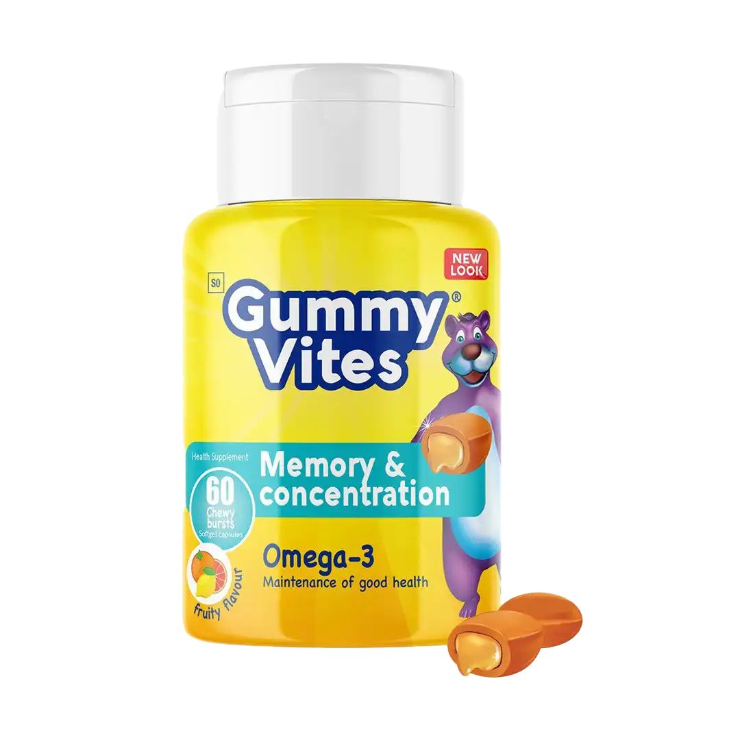 Front of Adcock Ingram Gummy Vites Omega-3 Memory & Concentration 60 capsules bottle